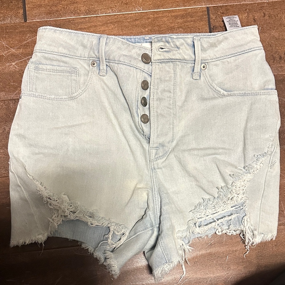 Good American Light Blue Frayed Jean Shorts